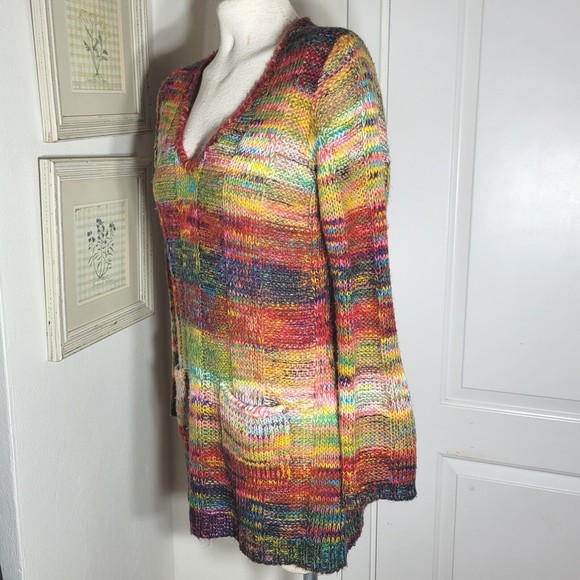 Bobbie Brooks Rainbow Colors Knit Sweater V Neck  Pockets Colorful Large - Picture 2 of 9